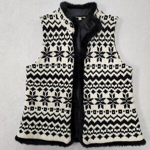 Talbots Black & White Faux Fur Chunky Knit Open Front Vest M